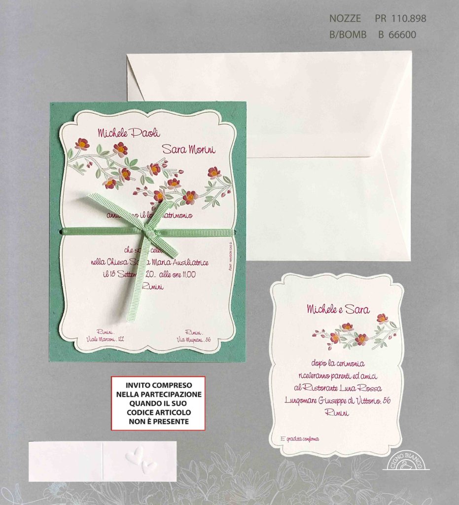 Art. 110898 - Partecipazioni matrimonio verde e bianco con fiori e nastro
