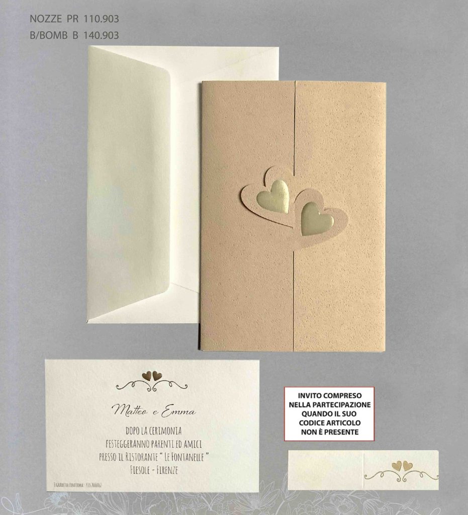 Art.110903 - Partecipazione matrimonio con cuori incrociati e dettagli oro