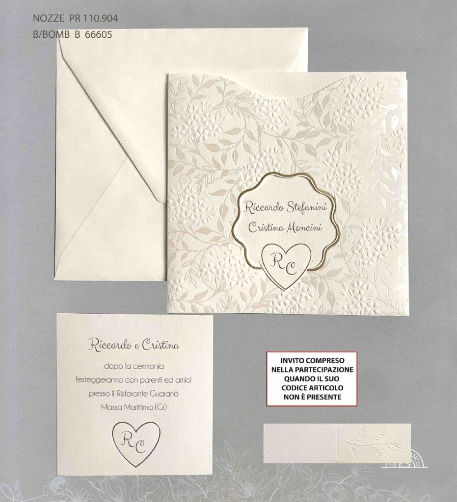 Art.110904 - Partecipazione matrimonio con motivo floreale in rilievo e dettagli oro