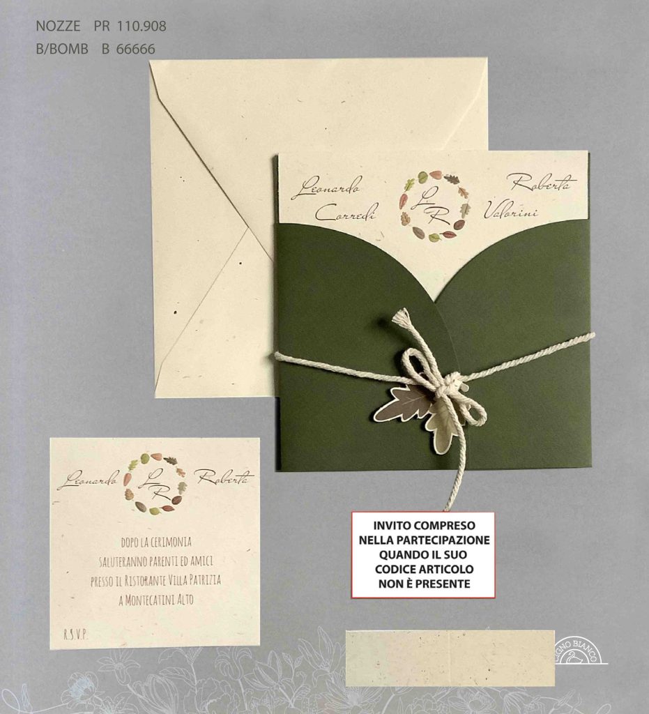 Art.110908 - Partecipazione matrimonio verde con foglie e cordoncino