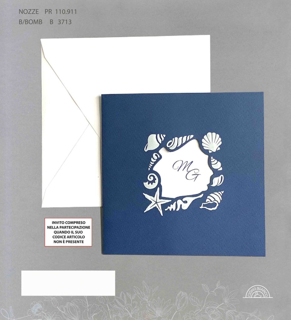 Art.110911 - Partecipazione matrimonio quadrata blu con conchiglie