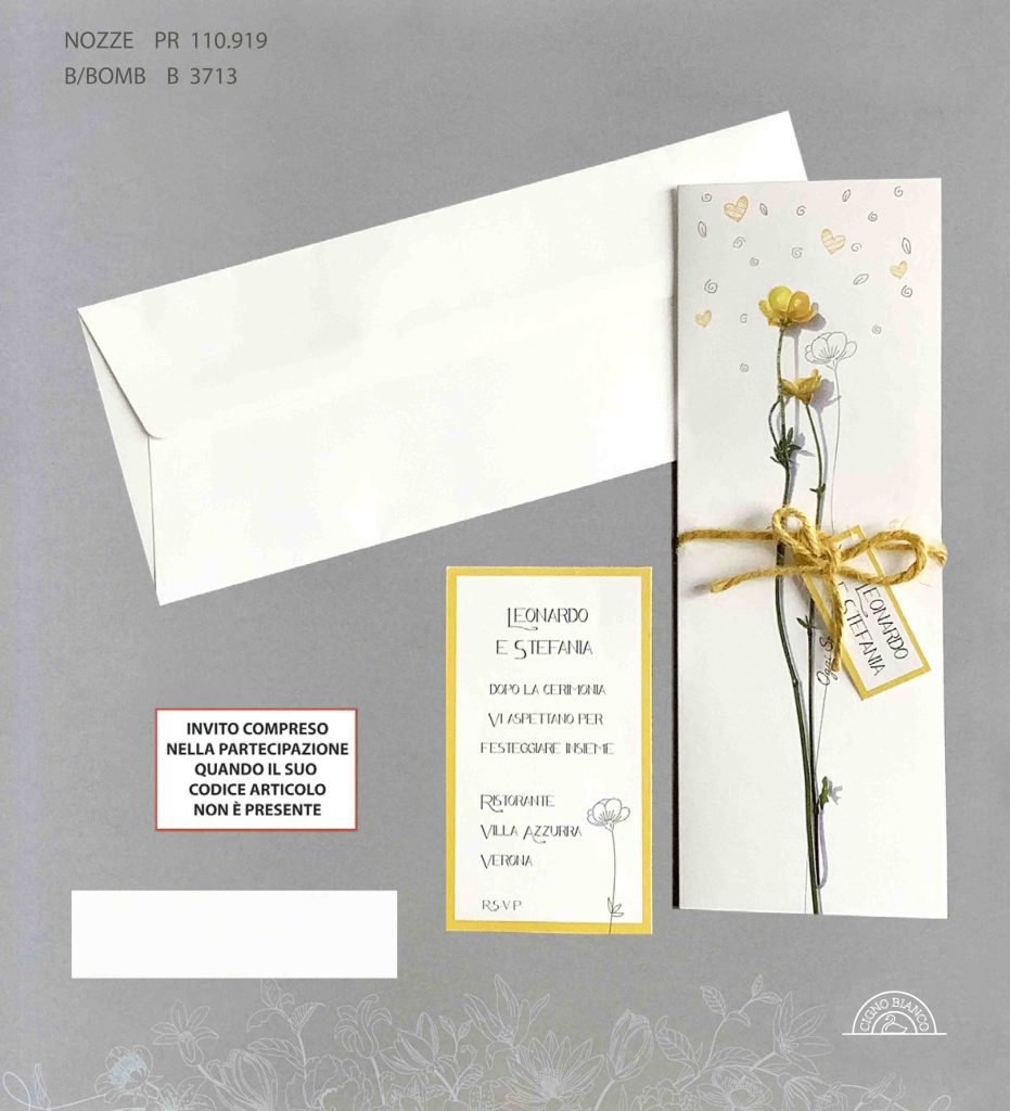 Art.110919 - Partecipazione matrimonio fiore cornice e cordoncino giallo