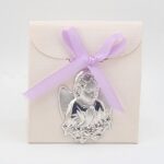 scatolina porta confetti carta seta avorio con placca angelo argento